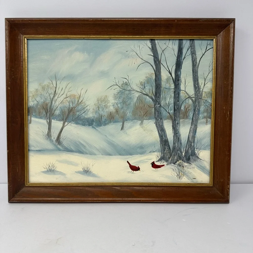 Vintage Hand Painted Winter Snow Scene Painting Signed Framed Approx 16x13